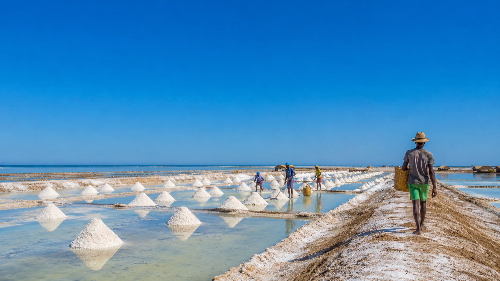 Sauniers récoltant le sel dans les marais salants d'Ampataka, Madagascar, sous un ciel bleu