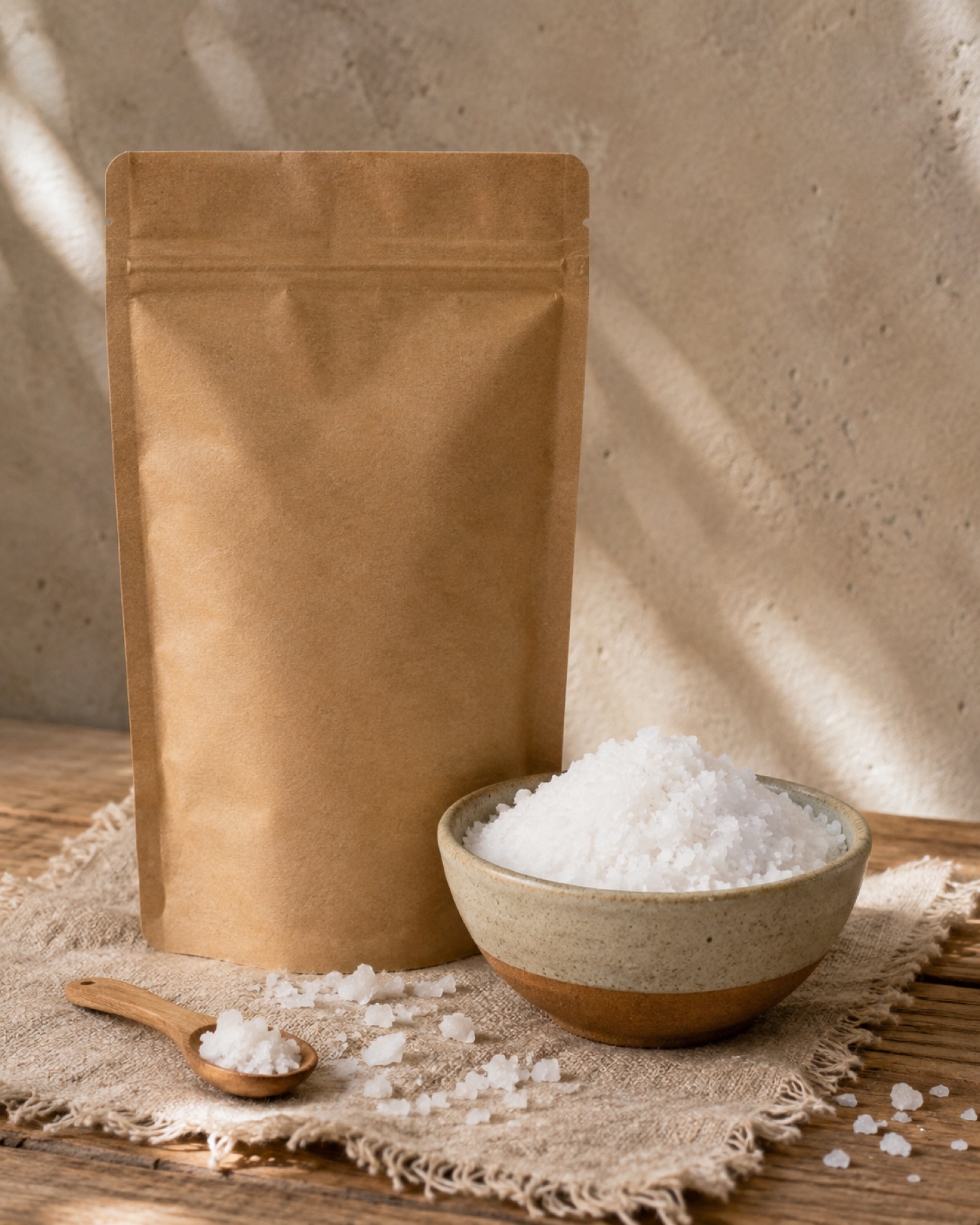 Conditionnement du sel SEMAPA : sachet kraft et bol